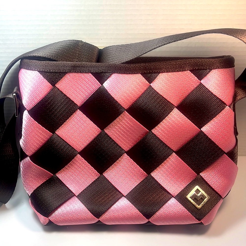 Maggie Bags Pink/Brown Genuine Seat Belt Webbing Medium Handbag/Shoulder Bag